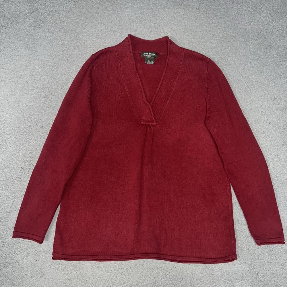 VTG Eddie Bauer Sweater Women Sz L Red V Neck Preppy Minimalist Pullver Academia